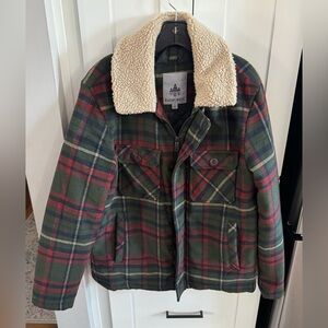 Rainforest Green and Red Plaid Jacket with Sherpa Collar